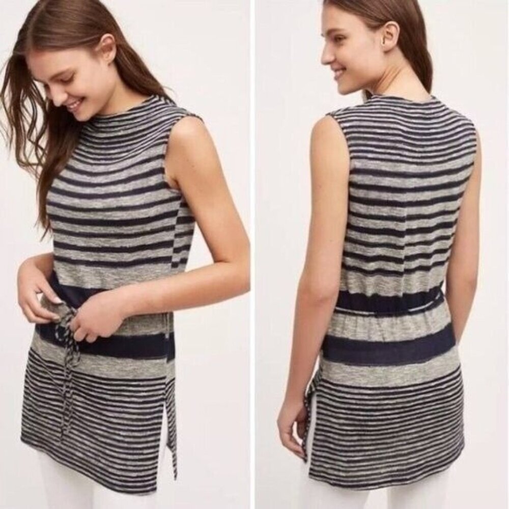 {Anthropologie} Dolan Mock Neck Striped Tunic Tank Top Navy Blue Size Medium